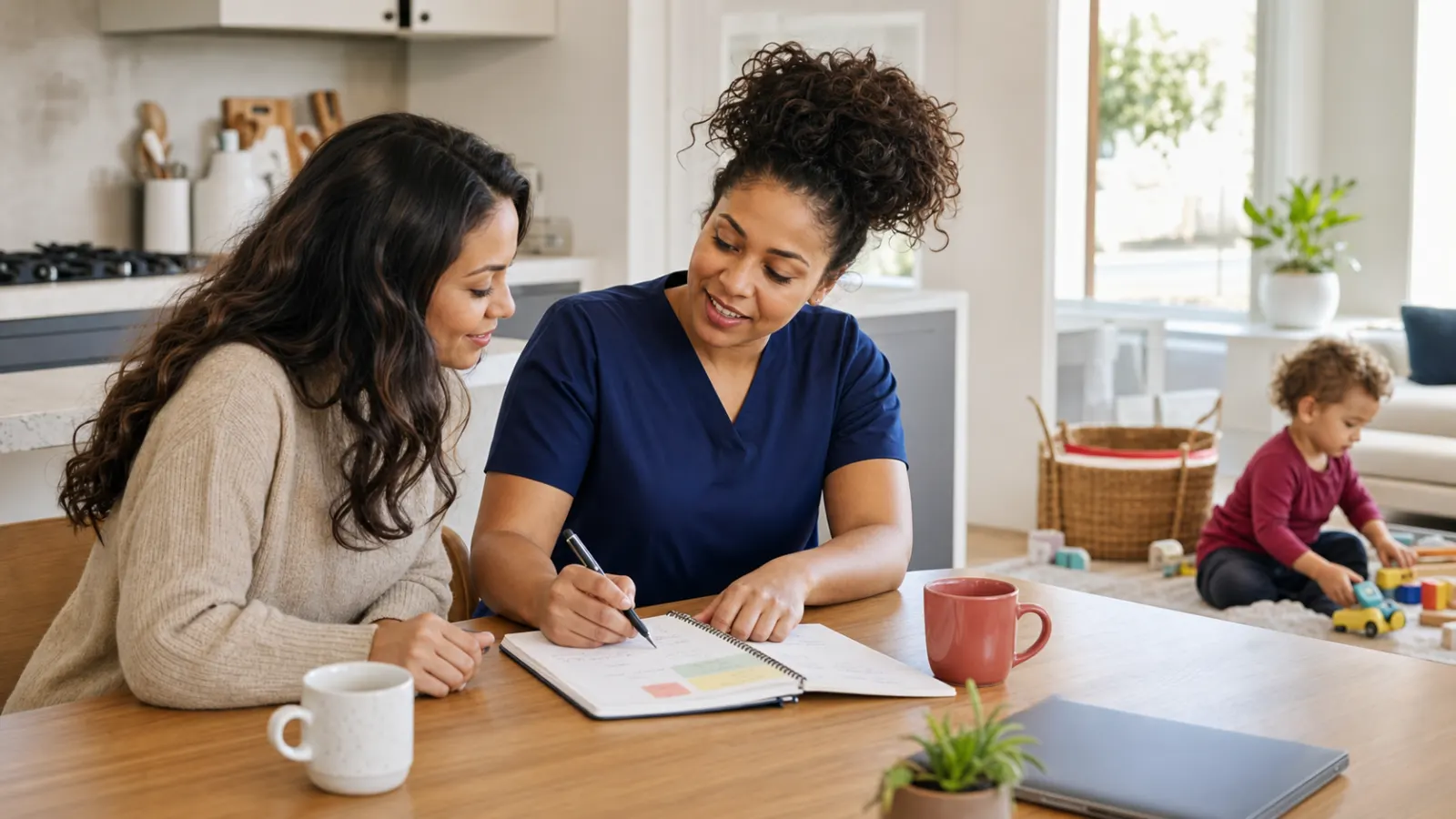 Parent and nanny discussing childcare support