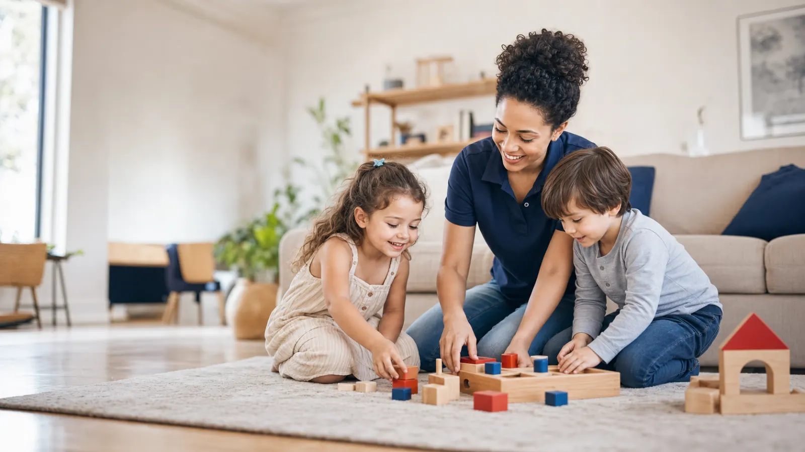 Professional nanny playing with children in a family living room