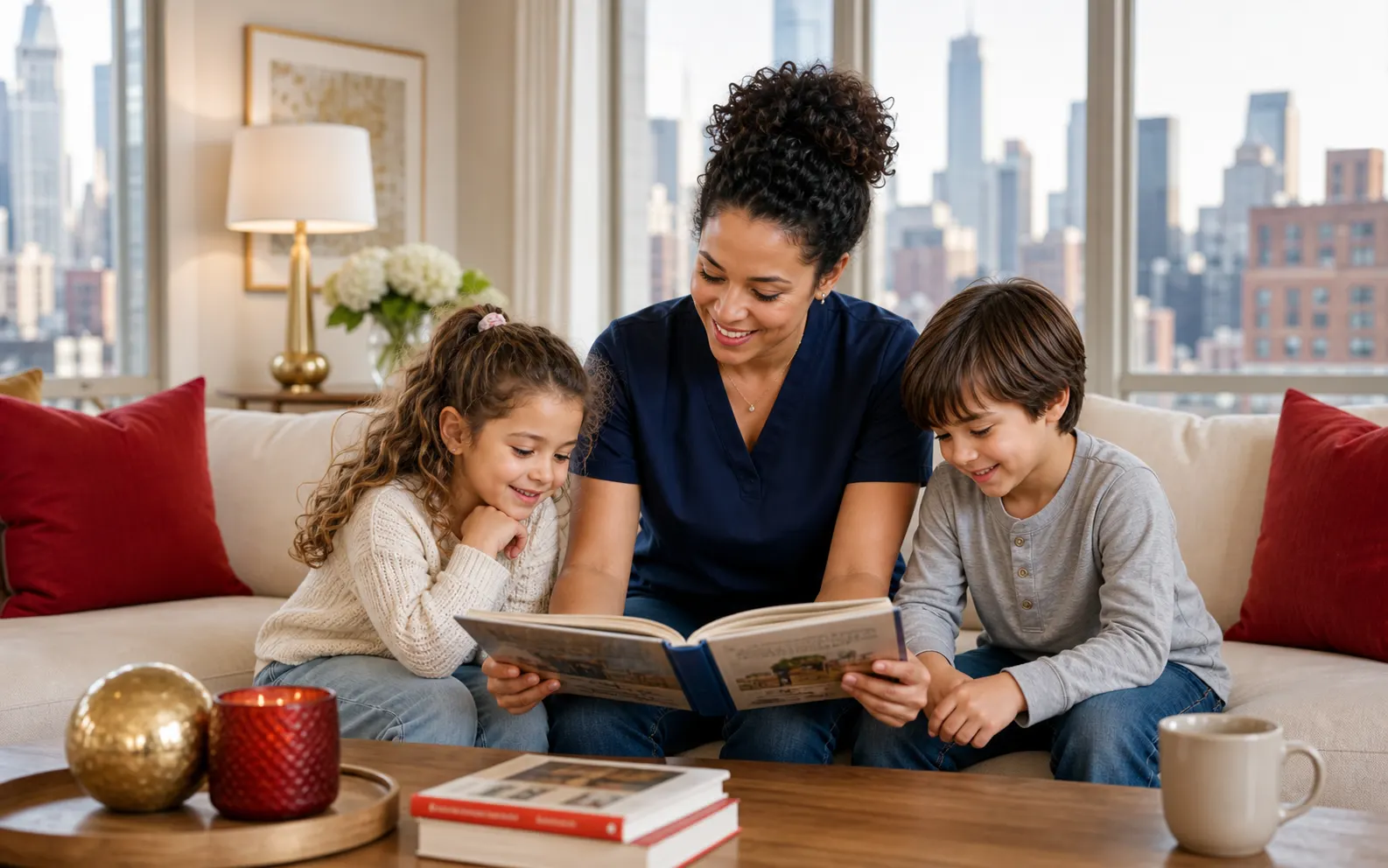 Nanny supporting a child with homework in a New York family home