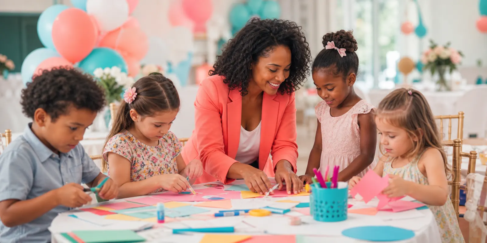 Caregiver leading children through a creative activity