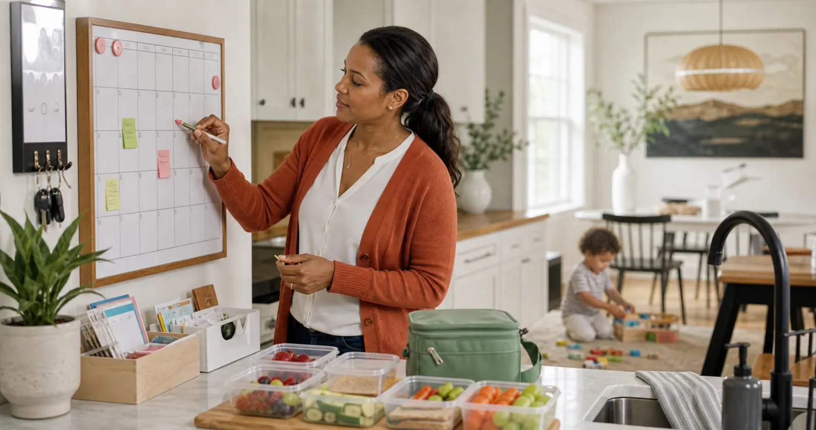 Family support professional organizing a household schedule