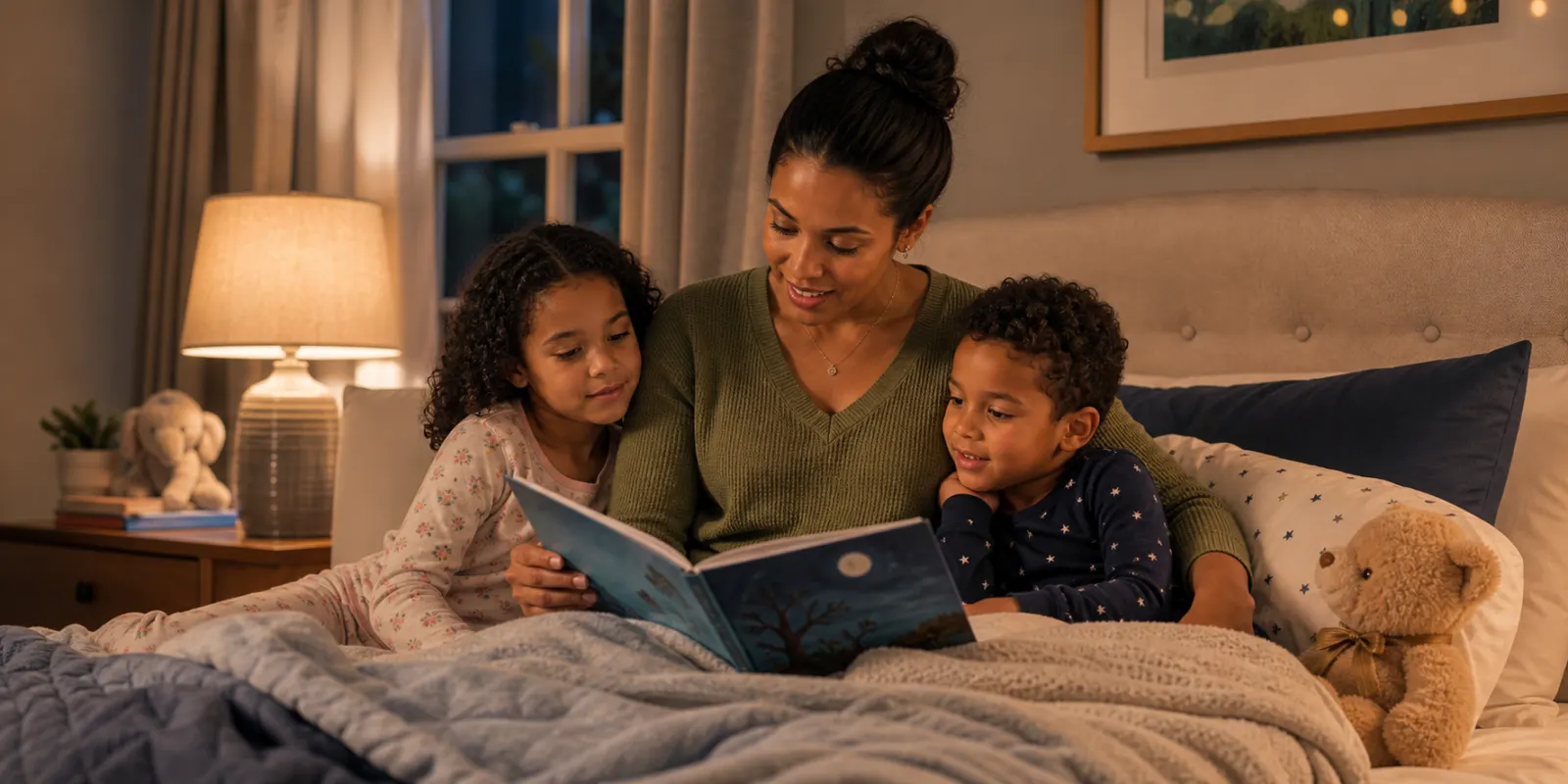 Live-in nanny reading to children during a calm bedtime routine