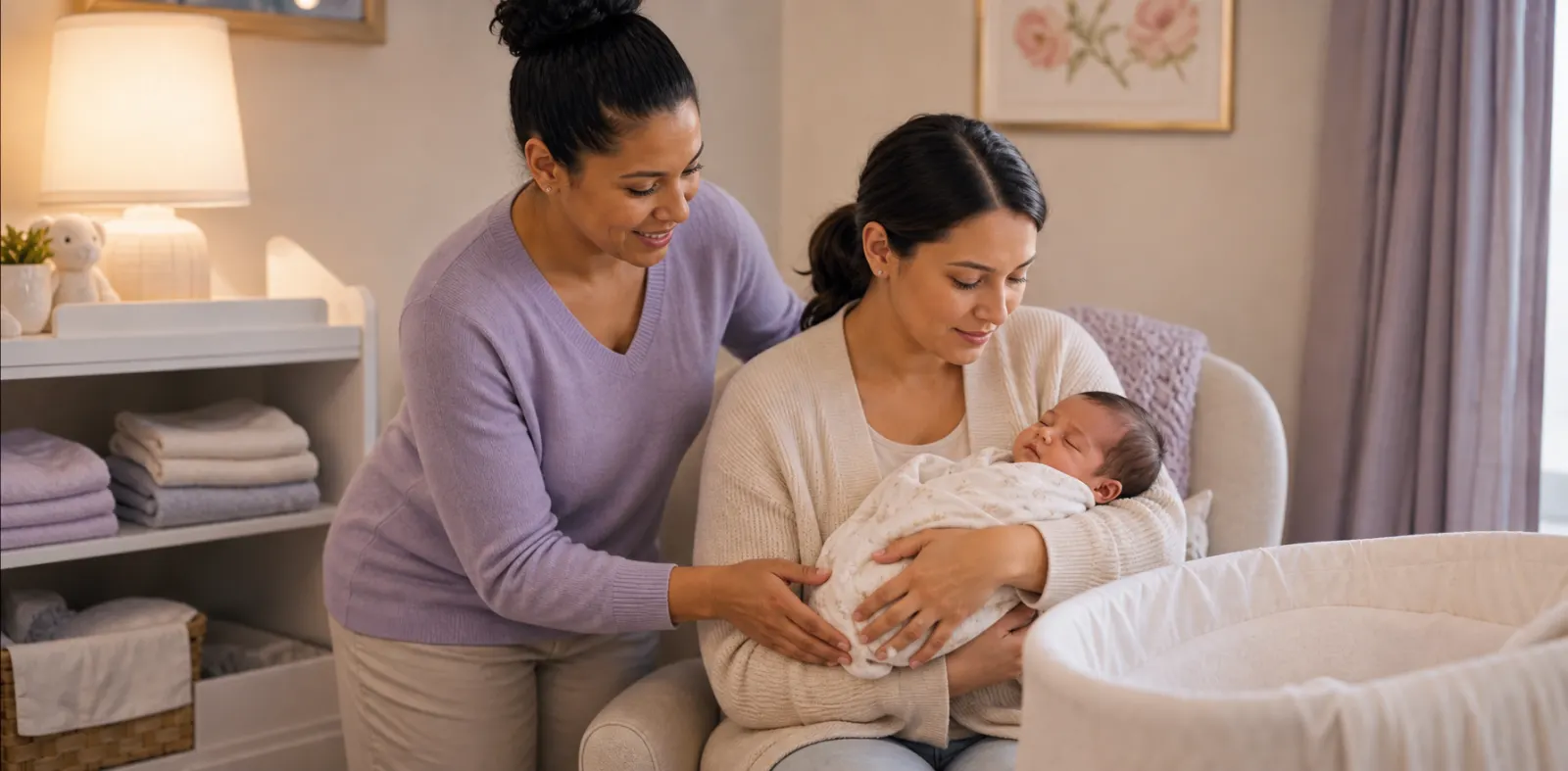 Postpartum nanny helping in a nursery